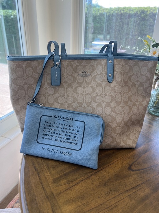 Coach Handbags - Coach - Beige Signature Tote with Blue Trim,  Reversible and Matching Pouch